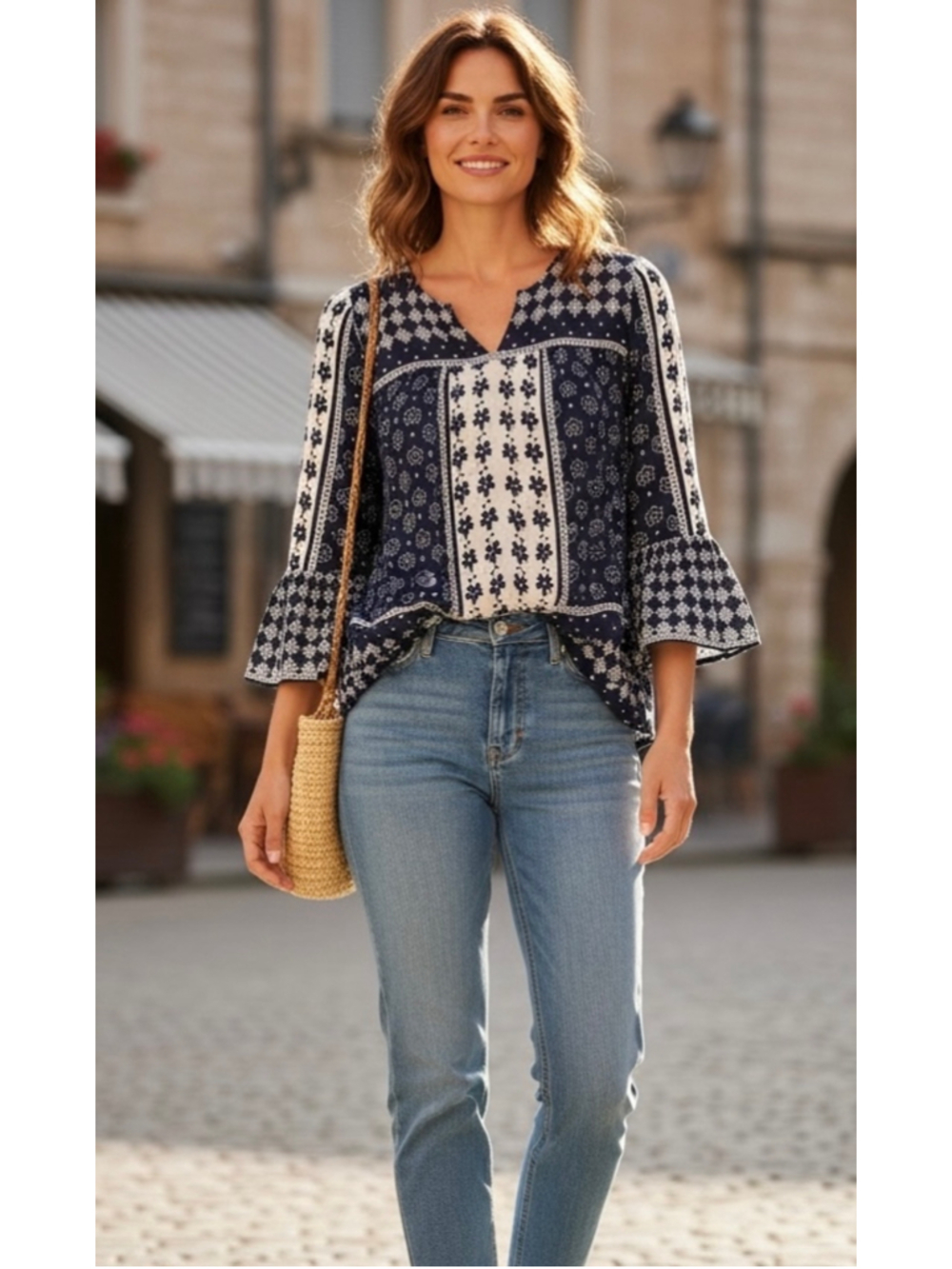 LOFT Peasant Bell Sleeve Blouse Boho Gypsy Floral Hippie Navy Festival Sz Small